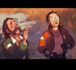  2boys bomber_jacket brown_eyes brown_gloves disco_elysium english_text facial_hair glasses gloves green_jacket hand_up harry_du_bois jacket kim_kitsuragi letterboxed looking_up male_focus mature_male multiple_boys mustache mustache_stubble mutton_chops open_clothes open_jacket open_mouth orange_jacket outdoors shadow shirt spilledkaleidoscope standing stubble sunrise thick_eyebrows white_shirt 
