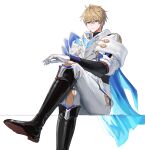  1boy absurdres arm_on_knee armor black_boots blonde_hair blue_cape blue_eyes boots breastplate cape closed_mouth commentary double-parted_bangs frown gepard_landau gloves hair_behind_ear hair_between_eyes hashtag-only_commentary highres honkai:_star_rail honkai_(series) kyt394 long_sleeves looking_at_viewer male_focus pants short_hair side_cape sitting sleeve_cuffs sleeves_rolled_up solo white_background white_gloves white_pants 