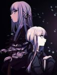  2girls bangs black_background black_jacket black_ribbon braid child danganronpa:_trigger_happy_havoc danganronpa_(series) danganronpa_kirigiri dokudokudoku eyebrows_visible_through_hair gloves gradient gradient_background hair_ribbon highres jacket kirigiri_kyouko long_hair multiple_girls parted_lips profile purple_eyes ribbon shirt side_braid teeth twin_braids upper_body white_gloves white_shirt younger 