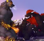 anthro anthro_on_anthro anthro_penetrated anthro_penetrating anthro_penetrating_anthro balls bared_teeth black_body black_nose black_penis bodily_fluids canid canine cheek_spikes cum cum_in_mouth cum_inside cum_on_ground dragon ear_piercing ear_ring erection eyes_closed facial_spikes fellatio fur genital_fluids genitals grey_balls grey_body grey_fur group hair horn jackstone kangaroo macropod male male/male male_penetrated male_penetrating male_penetrating_male mammal marsupial muscular muscular_anthro muscular_male mythological_creature mythological_scalie mythology nude oral orange_penis outside penetration penile penis piercing red_body red_hair ring_piercing scalie sex side_view solaxe_(artist) spikes spikes_(anatomy) spitroast trio vein veiny_penis white_horn