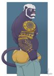 2023 absurd_res anthro areola barazoku barbell_piercing beard biceps big_butt biped bottomwear bulge butt clothed clothing colored dante_(dantethepanther) facial_hair felid feline_tail fingers fist forearm_muscles forearms fur furgonomics green_eyes grey_bottomwear grey_clothing grey_pants hair head_turned hi_res humanoid_hands isaac_andel looking_at_viewer looking_down male mammal meme musclegut muscular muscular_anthro muscular_arms muscular_male mustache nipple_barbell nipple_piercing nipples pantherine pants piercing pink_areola pink_nipples portrait pulling_up_pants purple_body purple_fur shaded shadow short_hair side_view signature solo standing three-quarter_portrait tight_pants_(meme) topless topless_anthro topless_male underwear white_hair yellow_clothing yellow_underwear