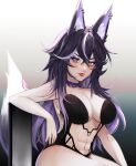  1girl abs absurdres animal_ears black_hair blush breasts collar english_commentary fang fox_ears fox_girl fox_tail gradient_hair grey_eyes heterochromia highres indie_virtual_youtuber kyaree kyaree_(vtuber) large_breasts lingerie long_hair looking_to_the_side multicolored_hair navel orange_eyes purple_collar purple_hair red_lips smile solo tail underwear underwear_only v-shaped_eyebrows virtual_youtuber 