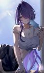  1girl acheron_(honkai:_star_rail) alternate_costume bare_shoulders black_shorts breasts cleavage commentary_request dolphin_shorts food hair_over_one_eye highres holding holding_food holding_popsicle honkai:_star_rail honkai_(series) large_breasts long_hair lying midriff nukoxx_02 on_side popsicle purple_eyes purple_hair shorts solo strapless sweat tube_top very_long_hair white_tube_top 