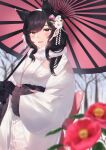  1girl atago_(azur_lane) atago_(hallmarks_of_winter)_(azur_lane) azur_lane back_bow black_gloves black_hair blurry blurry_background blurry_foreground bow breasts extra_ears flower gloves highres holding holding_umbrella japanese_clothes kayoubi_(tuesday_91) kimono large_breasts long_hair looking_at_viewer mole mole_under_eye official_alternate_costume oil-paper_umbrella pink_bow pink_flower pink_umbrella solo standing umbrella white_kimono yellow_eyes 