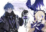  1boy 1girl ahoge alternate_costume antenna_hair bare_shoulders bird black_coat black_gloves blonde_hair blue_gemstone blue_hair chest_jewel chinese_commentary chinese_text closed_eyes closed_mouth coat collared_coat detached_sleeves dress expressionless eyepatch fire fischl_(ein_immernachtstraum)_(genshin_impact) fischl_(genshin_impact) flins_(genshin_impact) floating friends frilled_sleeves frills gem genshin_impact gloves glowing glowing_eyes gradient_hair hair_over_one_eye hand_on_own_face hand_up happy headpiece high_collar highres holding holding_lantern huge_ahoge jewelry lantern long_hair long_sleeves looking_to_the_side multicolored_hair nekofeiyuuuu no_pupils official_alternate_costume open_mouth oz_(genshin_impact) purple_dress purple_fire purple_gemstone ring shade smile speech_bubble standing translation_request upper_body wavy_hair white_background yellow_eyes 