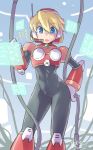  1girl alia_(mega_man) android armor armored_boots armored_gloves artist_name black_bodysuit blonde_hair blue_eyes bodysuit boots cable commentary dated feet_out_of_frame hair_between_eyes hand_on_own_hip hand_up headset helmet highres holding holding_cable holographic_interface joints looking_at_viewer mega_man_(series) mega_man_x_(series) notice_lines open_mouth oyster_(artist) radio_antenna red_armor red_boots red_helmet robot_ears robot_joints signature solo standing teeth translated upper_teeth_only 