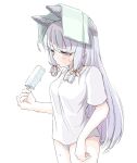  1girl alternate_costume blunt_bangs brown_eyes commentary cowboy_shot food grey_hair hair_ribbon headgear highres kantai_collection murakumo_(kancolle) panties popsicle ribbon shirt simple_background solo symbol-only_commentary t-shirt tatahai towel towel_on_head tress_ribbon underwear white_background white_panties white_shirt 