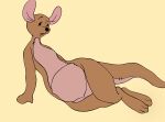 animate_inanimate black_eyes black_nose brown_body daishu_mianbao disney eyelashes feet female hi_res humanoid kanga kangaroo living_plushie looking_at_viewer lying macropod mammal marsupial on_side open_mouth pink_inner pink_inner_ear pink_underbelly plushie pose pouch_(anatomy) simple_background solo stitch_(sewing) tail toes winnie_the_pooh_(franchise) yellow_background
