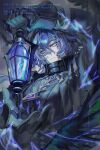  1boy 72teyvat absurdres arm_up bird black_coat black_gloves black_wings blue_fire blue_gemstone blue_hair chest_jewel closed_mouth coat collared_coat commentary_request electricity expressionless feathered_wings fire flins_(genshin_impact) from_side gem genshin_impact gloves high_collar highres holding holding_lantern lantern long_hair long_sleeves no_pupils purple_gemstone shade sky solo standing upper_body wings yellow_eyes 