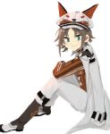  1boy animal_ear_headwear black_footwear black_gloves blue_eyes boots brown_hair from_side gloves hair_behind_ear highres jacket jacket_on_shoulders looking_at_viewer male_focus mysta_rias nijisanji nijisanji_en orange_shirt shirt sitting smile solo thx4u virtual_youtuber white_background white_jacket 