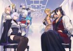  2boys 5girls black_hair black_jacket black_skirt black_thighhighs blonde_hair blue_eyes breasts closed_mouth group_picture hair_bun high-waist_skirt high_ponytail highres horns indoors jacket jacket_on_shoulders japanese_clothes kagura_(kagurai) kagurai_~kagura_and_raito~ kimono knight large_breasts long_hair mashutarou_(neko_no_oyashiro) multiple_boys multiple_girls official_art pink_hair ponytail purple_eyes purple_hair raito_(kagurai) red_kimono shirt short_hair sitting skirt standing thighhighs white_jacket white_shirt 