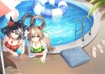  2girls absurdres animal_ears ass ball beachball bikini black_hair black_tail blush breasts brown_hair brown_tail cleavage closed_mouth commentary_request cup diamond_(shape) drinking_glass fingernails flower frilled_bikini_top green_bikini green_nails hair_flower hair_ornament highres holding holding_cup horse_ears horse_girl horse_tail jewelry kitasan_black_(umamusume) large_breasts long_hair looking_at_viewer multiple_girls nail_polish necklace poolside red_bikini red_flower red_nails satono_diamond_(umamusume) shirt short_hair smile striped_innertube sunny_(20597521) swimsuit tail two_side_up umamusume wet wet_clothes wet_shirt white_flower white_hair white_streaks 