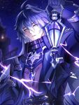  1boy ahoge antenna_hair blurry blurry_background chest_jewel coat collared_coat electricity flins_(genshin_impact) gem genshin_impact glint glowing gradient_hair hair_between_eyes head_tilt high_collar highres holding holding_lantern huge_ahoge lantern leaning_to_the_side long_hair long_sleeves looking_at_viewer mowyii7 multicolored_hair night night_sky no_pupils parted_lips purple_gemstone shade sky solo standing star_(sky) starry_sky upper_body yellow_eyes 