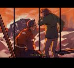  2boys bomber_jacket brown_hair brown_pants car disco_elysium english_text glasses green_jacket hair_slicked_back harry_du_bois jacket kim_kitsuragi letterboxed male_focus motor_vehicle multiple_boys orange_jacket outdoors pants red_sky sky spilledkaleidoscope standing swing_set twilight 