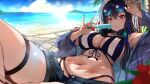  1girl absurdres adjusting_eyewear beach bikini black_bikini black_choker black_hair blue_hair blue_jacket blue_nails blue_sky blurry blurry_background blurry_foreground blush bow_swimsuit breasts center_opening choker commentary_request cutoff_jeans cutoffs depth_of_field eyewear_on_head flower food front-tie_bikini_top front-tie_top garter_straps hair_between_eyes half-closed_eye hammock headphones headphones_around_neck highres holding holding_food holding_popsicle horizon ichinose_uruha ichinose_uruha_(summer_c102) jacket large_breasts long_hair looking_at_viewer lupinus_virtual_games lying multi-strapped_bikini_bottom multi-strapped_bikini_top multicolored_bikini multicolored_hair navel off_shoulder on_back palm_tree parted_lips pendant_choker pinky_out popsicle purple_eyes ribbon-trimmed_bikini ribbon_trim shiro_marimo short_shorts shorts sky solo striped_bikini striped_clothes sunglasses sweat swimsuit tree vertical-striped_bikini vertical-striped_clothes virtual_youtuber vspo! white_bikini 