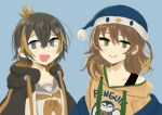  2girls :d amicia_michella black_hoodie blonde_hair blue_background blue_eyes blue_headwear blue_sweater blush brown_hair collarbone fish_hair_ornament green_eyes hair_behind_ear hair_ornament highres hood hoodie medium_hair multicolored_hair multiple_girls nijisanji nijisanji_en nijisanji_id off_shoulder open_mouth orange_hoodie petra_gurin sailor_collar short_hair smile streaked_hair sweater thx4u two-tone_hoodie virtual_youtuber white_hoodie 