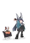  1girl animal_ear_fluff animal_ears arm_up az79709363 bandana bangboo_(zenless_zone_zero) black_gloves black_hair black_pantyhose black_shoes black_skirt closed_eyes eous_(zenless_zone_zero) fingerless_gloves fox_ears fox_girl full_body gloves highres hoshimi_miyabi long_hair orange_bandana pantyhose shoes simple_background sketch skirt standing white_background wide_sleeves zenless_zone_zero 