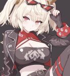  1girl belt black_jacket black_skirt black_thighhighs black_tube_top blonde_hair blush breasts burnice_white cleavage cleavage_cutout closed_mouth clothing_cutout commission crop_top eyewear_on_head fingerless_gloves gloves highres jacket large_breasts looking_at_viewer midriff n_54 navel red-tinted_eyewear red_eyes simple_background skeb_commission skirt solo spiked_belt spiked_jacket strapless sunglasses thighhighs tinted_eyewear tube_top zenless_zone_zero 