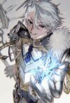  1boy aiguillette armor black_eyes buttons cape facial_mark fate/grand_order fate_(series) fur-trimmed_cape fur_trim gloves half_gloves hand_up high_collar highres holding holding_staff james_moriarty_(ruler)_(fate) lightning_ahoge looking_at_viewer ou_syoku7 simple_background smile solo staff white_gloves white_hair 
