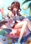  1girl absurdres ball bare_legs bare_shoulders beachball boo_tao_(genshin_impact) breasts brown_hair chinese_clothes commentary cup drinking_glass eyewear_on_head fingernails flower-shaped_pupils genshin_impact hat highres holding holding_cup hu_tao_(cherries_snow-laden)_(genshin_impact) hu_tao_(genshin_impact) legs light_blush long_hair nail_polish official_alternate_costume open_mouth orange_eyes outdoors red-tinted_eyewear red_nails red_skirt shirt skirt small_breasts smile solo sunglasses swim_ring symbol-shaped_pupils thighs tinted_eyewear very_long_hair white_hat white_shirt yutoriko_(candy0905) 