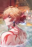  2boys antenna_hair arm_tattoo back_tattoo bathhouse blonde_hair braid chinese_commentary commentary_request earrings giving_up_the_ghost gold_earrings gradient_hair hair_between_eyes highres honkai:_star_rail honkai_(series) jewelry male_focus medium_hair multicolored_hair multiple_boys mydei_(honkai:_star_rail) partially_submerged phainon_(honkai:_star_rail) red_hair red_tattoo side_braid tattoo toned toned_male towel towel_on_head wet wet_hair white_hair yellow_eyes youlilingzi7bcs 