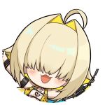  1girl ahoge bikini blonde_hair blush breasts chibi copyright_logo copyright_name elegg_(boom_and_shock)_(nikke) elegg_(nikke) goddess_of_victory:_nikke hair_intakes hair_over_eyes highres official_alternate_costume official_art open_mouth rabbit_choker rabbit_ornament round_image short_hair swimsuit totatokeke yellow_bikini 