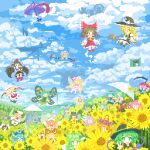 &gt;_&lt; 02charaice20 6+girls absurdres aircraft airship animal_ears apron aqua_hair ascot bat_wings bird_wings black_hat black_skirt black_vest blonde_hair blue_bow blue_eyes blue_hair blue_hat blue_vest bow broom broom_riding brown_hair butterfly_wings camera capelet chen cirno cloud cloudy_sky clownpiece commentary_request crystal crystal_wings daiyousei day detached_sleeves detached_wings dress eternity_larva eyeball fairy fairy_wings field flandre_scarlet floating flower flower_field flying frilled_bow frilled_hair_tubes frills frog_hair_ornament gap_(touhou) geta giant giantess gohei green_eyes green_hair green_hat hair_bobbles hair_bow hair_ornament hair_ribbon hair_tubes hakurei_reimu hat hat_bow hat_ribbon hata_no_kokoro headdress heterochromia highres hinanawi_tenshi holding holding_camera holding_gohei holding_umbrella horns ibuki_suika ice ice_wings inaba_tewi insect_wings izayoi_sakuya jester_cap karakasa_obake kazami_yuuka kirisame_marisa kochiya_sanae komainu_ears komainu_girl komano_aunn komeiji_koishi komeiji_satori konpaku_youmu laevatein_(touhou) leaf leaf_on_head lily_white long_hair long_sleeves luna_child mask matara_okina medicine_melancholy mob_cap multicolored_hair multicolored_wings multiple_girls nagae_iku niwatari_kutaka one_eye_closed one_side_up onozuka_komachi open_mouth orange_hair outdoors palanquin_ship pink_hair pixel_art polka_dot_headwear pom_pom_(clothes) purple_hair purple_tabard purple_umbrella rabbit_ears rabbit_girl red_bow red_eyes red_hair red_hat red_ribbon red_skirt reisen_udongein_inaba remilia_scarlet ribbon ribbon-trimmed_sleeves ribbon_trim rod_of_remorse saigyouji_yuyuko scythe shameimaru_aya shiki_eiki shirt siblings single_horn sisters skirt skirt_set sky smile star_sapphire su-san sunflower sunflower_field sunny_milk tabard tatara_kogasa tengu-geta third_eye tokin_hat touhou triangular_headpiece two-tone_hair umbrella v very_long_hair vest waist_apron white_apron white_bow white_capelet white_dress white_hat white_shirt wings witch_hat yakumo_yukari yellow_ascot yellow_bow yellow_flower yellow_shirt yorigami_shion 