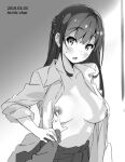  1girl artist_name blush braid breast_grab breasts collared_shirt commentary_request dated eyebrows_visible_through_hair french_braid grabbing greyscale guided_breast_grab large_breasts long_hair long_sleeves looking_at_viewer monochrome nipple_push nipples open_clothes open_shirt original parted_lips pleated_skirt school_uniform shirt signature skirt solo_focus standing sweat tabata_hisayuki wing_collar 