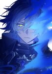  1boy absurdres black_coat black_gloves blue_fire blue_hair chest_jewel closed_mouth coat collared_coat curly_hair elekaido expressionless fire flins_(genshin_impact) gem genshin_impact gloves glowing glowing_eyes gradient_hair high_collar highres long_hair long_sleeves looking_at_viewer multicolored_hair no_pupils purple_gemstone shade simple_background standing upper_body white_background yellow_eyes 