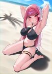  1girl absurdres armpits arms_behind_head arms_up barefoot beach bikini black_bikini blue_sky blunt_bangs breasts cloud day full_body gold_trim highres himeliofon hololive hololive_english holonatsu_paradise large_breasts long_hair looking_at_viewer mori_calliope mori_calliope_(holonatsu_paradise) navel official_alternate_costume outdoors pink_eyes pink_hair sidelocks sitting sky solo stomach swimsuit thigh_strap very_long_hair virtual_youtuber 