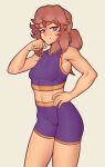  1girl a_hat_in_time biceps blue_eyes bra breasts brown_hair closed_mouth eyebrows_visible_through_hair fujimna hat_kid highres looking_at_viewer muscular muscular_female navel older purple_bra purple_sports_bra short_hair short_ponytail small_breasts smile solo sports_bra tagme underwear 
