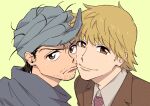  2boys beard_stubble blonde_hair brown_eyes brown_hair brown_suit cheek-to-cheek collared_shirt eyebrow_stubble facial_hair frown furrowed_brow ging_freecss grey_hat hat heads_together heart heart_print hunter_x_hunter jacket kadenden looking_at_viewer male_focus messy_hair mullet multiple_boys mustache_stubble necktie pariston_hill pink_necktie portrait raised_eyebrows shirt short_hair simple_background smile stubble suit suit_jacket swept_bangs turban v-shaped_eyebrows yellow_background 