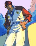  1boy bleach dark-skinned_male dark_skin facial_hair facing_viewer from_below hair_over_eyes hands_on_own_hips harukamiart highres jacket jewelry long_sleeves male_focus necklace outdoors pants raglan_sleeves sado_yasutora smile solo standing sukajan unfinished white_pants 