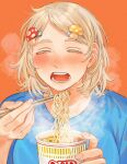  1girl alt_text alternate_costume alternate_hairstyle blonde_hair blue_shirt blush chopsticks closed_eyes colored_eyelashes cup_ramen dungeon_meshi facing_viewer falin_touden falin_touden_(tallman) food food-themed_hair_ornament hair_behind_ear hair_ornament hairclip heavy_breathing highres holding holding_chopsticks holding_food mushroom_hair_ornament noodles open_mouth orange_background sasakura34 shirt short_hair simple_background solo sweat t-shirt teeth upper_body 