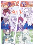  2boys absurdres ahoge anger_vein aotsuki_eito black_gloves black_streaks blood blue_eyes blue_jacket bottle breast_pocket chinese_commentary cross crown_of_thorns drawstring fire glasses gloves grey_eyes grey_hair grey_jacket hand_up headgear health_bar highres holding holding_milk_carton holding_rocket_launcher holding_sword holding_weapon hood hoodie house jacket jacket_over_hoodie male_focus milk_bottle milk_carton mizongwenwu multicolored_hair multicolored_jacket multiple_boys multiple_views no_eyes pocket red_hair rocket_launcher ship short_hair streaked_hair sumino_takumi sword the_hundred_line_-last_defense_academy- two-tone_jacket watercraft weapon white_hoodie white_jacket 