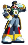  absurdres adjusting_clothes adjusting_headwear android armor black_armor black_helmet blue_eyes chain chest_jewel clenched_hand diegodoodles forehead_jewel full_body gloves hand_on_own_hip hat helmet high_collar highres joints looking_at_viewer mega_man_(series) mega_man_x_(series) military military_uniform official_style partially_shaded_face peaked_cap robot robot_ears robot_joints sensei_haruki_suetsugu_(style) shoulder_armor signas_(mega_man) white_gloves 