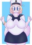  anthro big_breasts blue_eyes blush bodily_fluids bottomwear breasts canid canine canis chubby_female clothing domestic_dog eyewear female flustered glasses graycatluna hi_res mammal nordic_sled_dog sailor_uniform samoyed skirt solo spitz sweat sweatdrop 