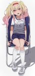  1girl absurdres blonde_hair blue_shorts blush chair clothes_writing commentary folding_chair full_body gradient_hair gym_shirt gym_shorts gym_uniform hair_between_eyes hairband highres jacket jacket_on_shoulders kneehighs long_hair looking_at_viewer lower_teeth_only multicolored_hair name_tag nemu_(jdgz3357) open_mouth pink_hair project_sekai red_eyes red_hairband shadow shirt shoes short_shorts short_sleeves shorts sidelocks simple_background sitting smile sneakers socks solo sweat teeth tenma_saki track_jacket twintails white_background white_shirt white_shoes white_socks 