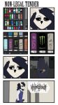 5_fingers absurd_res american_mythology anthro black_hair bone character_cipher clothed clothing comic dialogue english_text eye_bags female fingers frustrated hair hi_res indigenous_north_american_mythology monster_energy mythology north_american_mythology office skull skull_head solo suitedwolfie text vending_machine wendigo