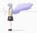  1girl angel_beats! beige_jacket black_footwear black_skirt cardiogram full_body highres kneehighs loafers long_hair pleated_skirt profile school_uniform shoes silver_hair skirt solo standing takachiho_rion tenshi_(angel_beats!) white_background white_legwear wings yellow_eyes 