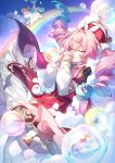  air_bubble aqua_hair bad_link balloon bubble closed_eyes closed_mouth cloud crown dress drill_hair gradient_hair hat highres honkai:_star_rail honkai_(series) hyacine_(honkai:_star_rail) interlocked_fingers little_ica_(honkai:_star_rail) mini_crown multicolored_hair official_art own_hands_clasped own_hands_together pantyhose pegasus pink_hair praying rainbow red_dress red_hat twin_drills two-tone_hair white_pantyhose 