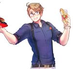  1boy ahoge america_(hetalia) axis_powers_hetalia badge belt black-framed_eyewear black_belt blonde_hair blue_eyes blue_shirt blush burger collarbone collared_shirt commentary_request cup drink drinking_glass food fruit glasses hands_up highres himaruya_hidekazu holding holding_cup holding_tray ice ice_cube lemon lemon_slice looking_at_viewer male_focus official_alternate_costume official_art open_mouth pants semi-rimless_eyewear shirt short_hair sleeves_rolled_up smile solo standing suspenders teeth tray upper_body white_pants 