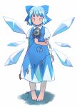 1girl :| arm_at_side backlighting bangs barefoot blue_bow blue_dress blue_eyes blue_hair blush bow cirno clenched_hand closed_mouth collared_shirt commentary_request detached_wings dress expressionless eyebrows_visible_through_hair facing_viewer flower frilled_sleeves frills full_body hair_bow hand_up ice ice_wings leaf long_dress looking_down neck_flower neck_ribbon no_nose pinafore_dress plant puffy_short_sleeves puffy_sleeves rangycrow red_ribbon ribbon seed shirt short_hair short_sleeves simple_background solo standing straight-on sunflower sunflower_seed tan tanned_cirno toes touhou vines white_background white_shirt wilted_flower wing_collar wings withered 