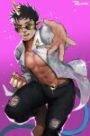  1boy abs artist_name bara bare_pectorals black_hair black_pants boots clenched_hand collared_shirt earrings eyes_visible_through_eyewear highres horns idol jewelry large_pectorals looking_at_viewer male_focus muscular muscular_male open_clothes open_mouth open_shirt original outstretched_arm pants pectorals pointy_ears powerlesssong reaching shirt short_hair sideburns single_horn solo sunglasses torn_clothes torn_pants white_shirt 