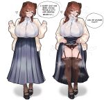  1girl absurdres adramallih animal_ears black_eyes black_garter_straps black_panties black_shoes black_thighhighs blue_shirt body_freckles bra bra_visible_through_clothes breasts brown_hair buttons cardigan cleft_of_venus clothes_lift commentary crotchless crotchless_panties dog_ears dog_girl double-parted_bangs english_commentary english_text fang female_pubic_hair flashing freckles full_body garter_straps glasses hands_up heart heavy_breathing highres huge_breasts long_hair long_sleeves looking_at_viewer mole mole_under_mouth multiple_views open_cardigan open_clothes open_mouth original panties parted_lips pubic_hair pussy see-through_clothes see-through_shirt shirt shoes simple_background skirt skirt_lift smile speech_bubble standing steam steaming_body sweat talking thigh_freckles thighhighs tight_clothes tight_shirt underwear white_background white_bra white_cardigan white_shirt 