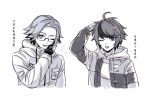  2boys ahoge aotsuki_eito arm_up black_streaks blue_eyes breast_pocket cropped_torso derivative_work glasses gloves greyscale hand_up highres hood hoodie jacket jacket_over_hoodie looking_at_viewer male_focus monochrome multicolored_hair multicolored_jacket multiple_boys one_eye_closed open_clothes open_jacket pocket scratching_head short_hair smile spot_color sprite_redraw streaked_hair sumino_takumi the_hundred_line_-last_defense_academy- translation_request two-tone_jacket xuxigua1029 