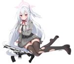  1girl artist_name black_thighhighs blue_archive blush closed_mouth commentary_request feathered_wings grey_jacket grey_skirt gun halo head_wings highres jacket long_hair long_sleeves looking_at_viewer magazine_(weapon) neck_ribbon neckerchief pantyhose pink_halo pleated_skirt red_eyes red_ribbon ribbon rifle shirt sig_mcx simple_background single_head_wing sitting skirt solo striped_neckerchief suzumi_(blue_archive) thighhighs thighs torn_clothes torn_pantyhose weapon white_background white_hair white_shirt white_wings wings xnnagu yokozuwari zettai_ryouiki 