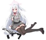  1girl artist_name black_thighhighs blue_archive blush closed_mouth commentary_request feathered_wings grey_jacket grey_skirt gun halo head_wings highres jacket long_hair long_sleeves looking_at_viewer magazine_(weapon) neck_ribbon neckerchief pink_halo pleated_skirt red_eyes red_ribbon ribbon rifle shirt sig_mcx simple_background single_head_wing sitting skirt solo striped_neckerchief suzumi_(blue_archive) thighhighs thighs weapon white_background white_hair white_shirt white_wings wings xnnagu yokozuwari zettai_ryouiki 