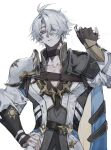  1boy :/ absurdres antenna_hair armor arms_up belt black_belt black_choker black_gloves blue_eyes chest_strap choker closed_mouth coat collarbone cowboy_shot curtained_hair fingerless_gloves gloves grey_hair hair_between_eyes hand_on_own_hip highres honkai:_star_rail honkai_(series) male_focus moonrise_2130 pauldrons phainon_(honkai:_star_rail) short_hair shoulder_armor simple_background single_pauldron sleeve_cuffs solo white_background white_coat 
