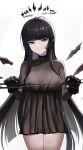  1girl absurdres arknights black_dress black_eyes black_gloves black_hair black_halo blunt_bangs bow_(music) breasts cowboy_shot dark_halo detached_wings dress gamcha gloves groin halo highres long_hair looking_at_viewer nipples see-through_clothes see-through_dress sidelocks simple_background smile solo thigh_gap very_long_hair virtuosa_(arknights) white_background wings 